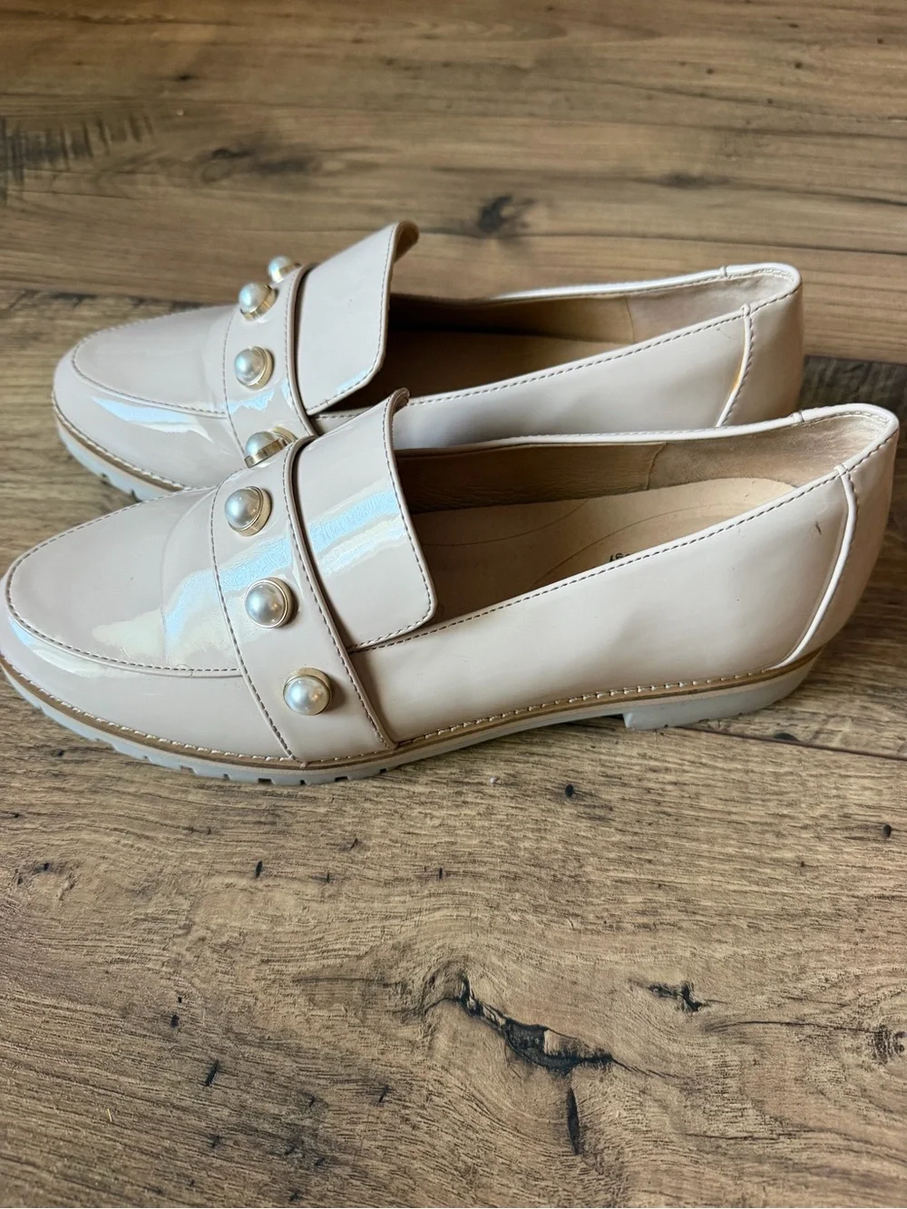 Alex Marie Nude Patent Pearl Loafers | Size 9.5 | pale blush pearl embellishment